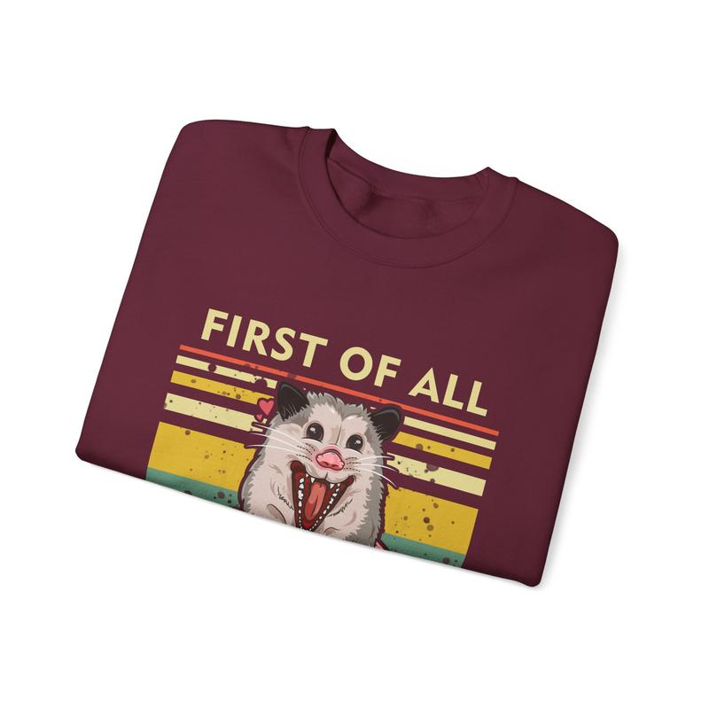 First Of All, I'm A Delight Sweatshirt â€“ Hilarious Opossum Graphic, Cute & Quirky Animal Sweatshirt, Perfect for Animal Lovers, Sarcastic Self-Love Gi