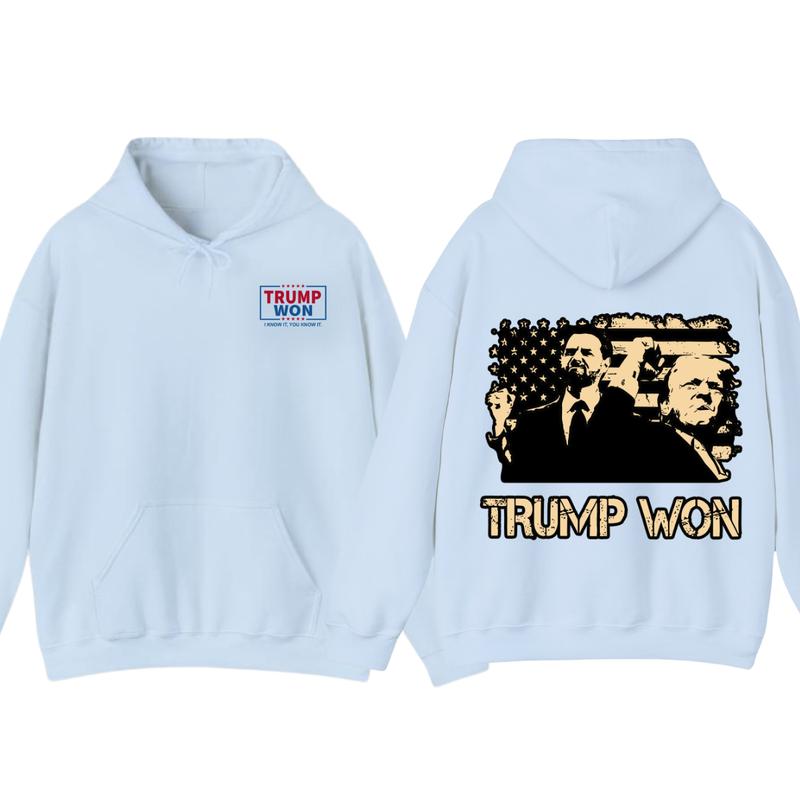 Trummp Won Hoodie - Trendy with Bold Distressed Graphic of Trummp and American Flag, Unisex Political Apparel for Supporters