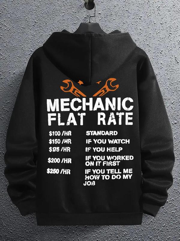 Men's Mechanic Flat Rate Hoodie with Letter Print, Casual Regular Fit Long Sleeve Sweatshirt, Men's Spring & Fall Everyday FashionÂ 