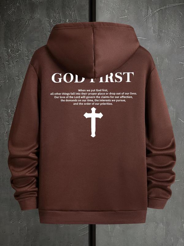 Men's Letter & Cross Print Drop Shoulder Hoodie, Casual Graphic Sweatshirt, Daily Holiday Wear for Men's Spring & Fall FashionÂ 