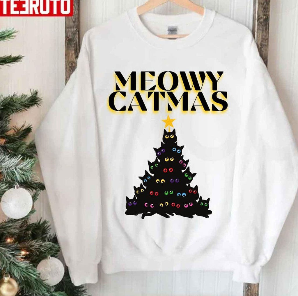 Black Christmas Tree Christmas Meowy Catmas Unisex Sweatshirt