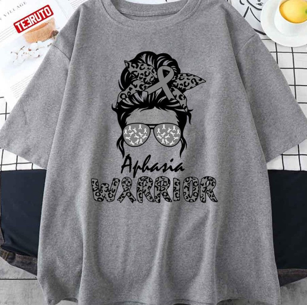 Aphasia Awareness Grey Messy Bun Mom Warrior Unisex T-Shirt