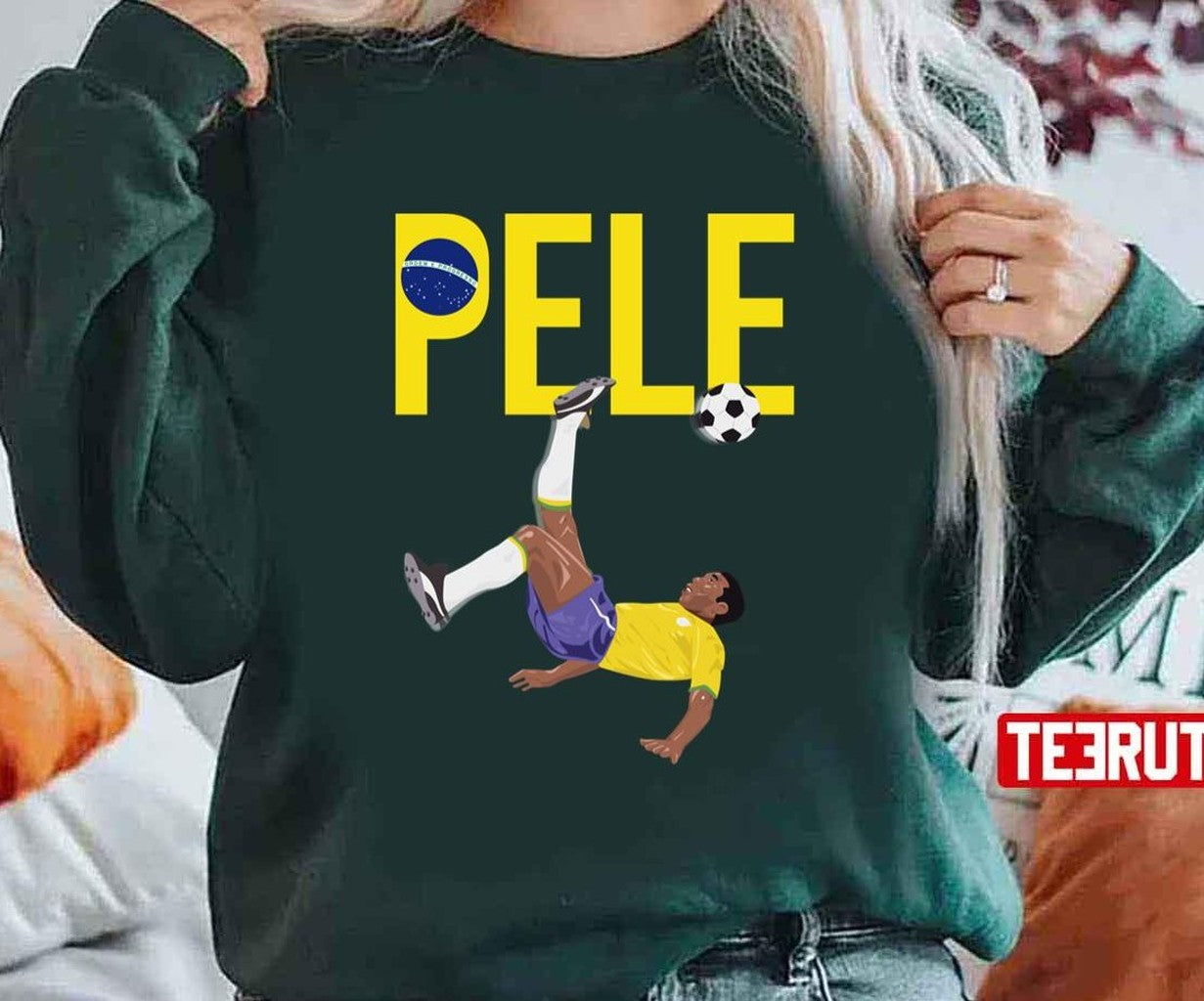 Bicycle Kick Pele Soccer Football Brazil Globe Flag Yellow Text Unisex T-Shirt