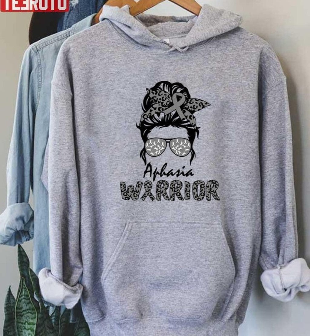Aphasia Awareness Grey Messy Bun Mom Warrior Unisex T-Shirt