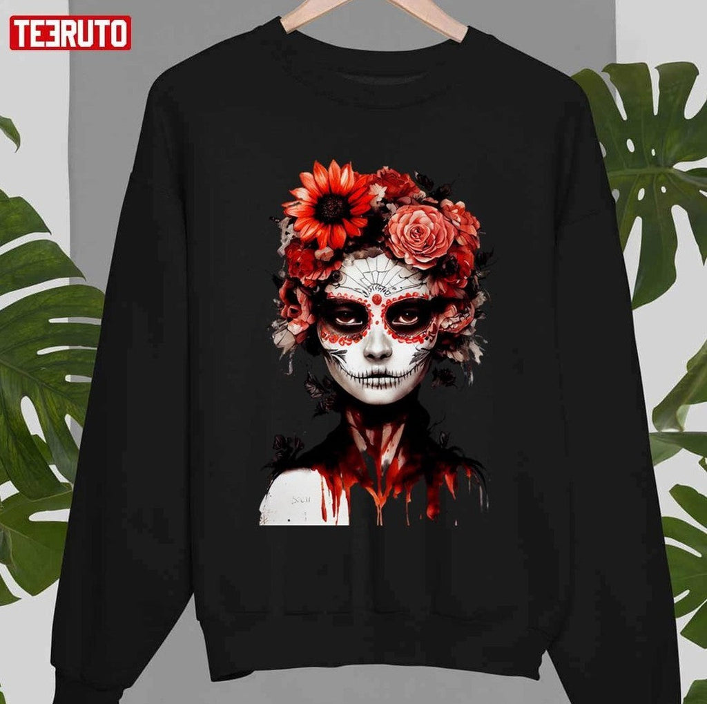 Red Catrina Day Of The Dead Flower Mexico Unisex T-shirt
