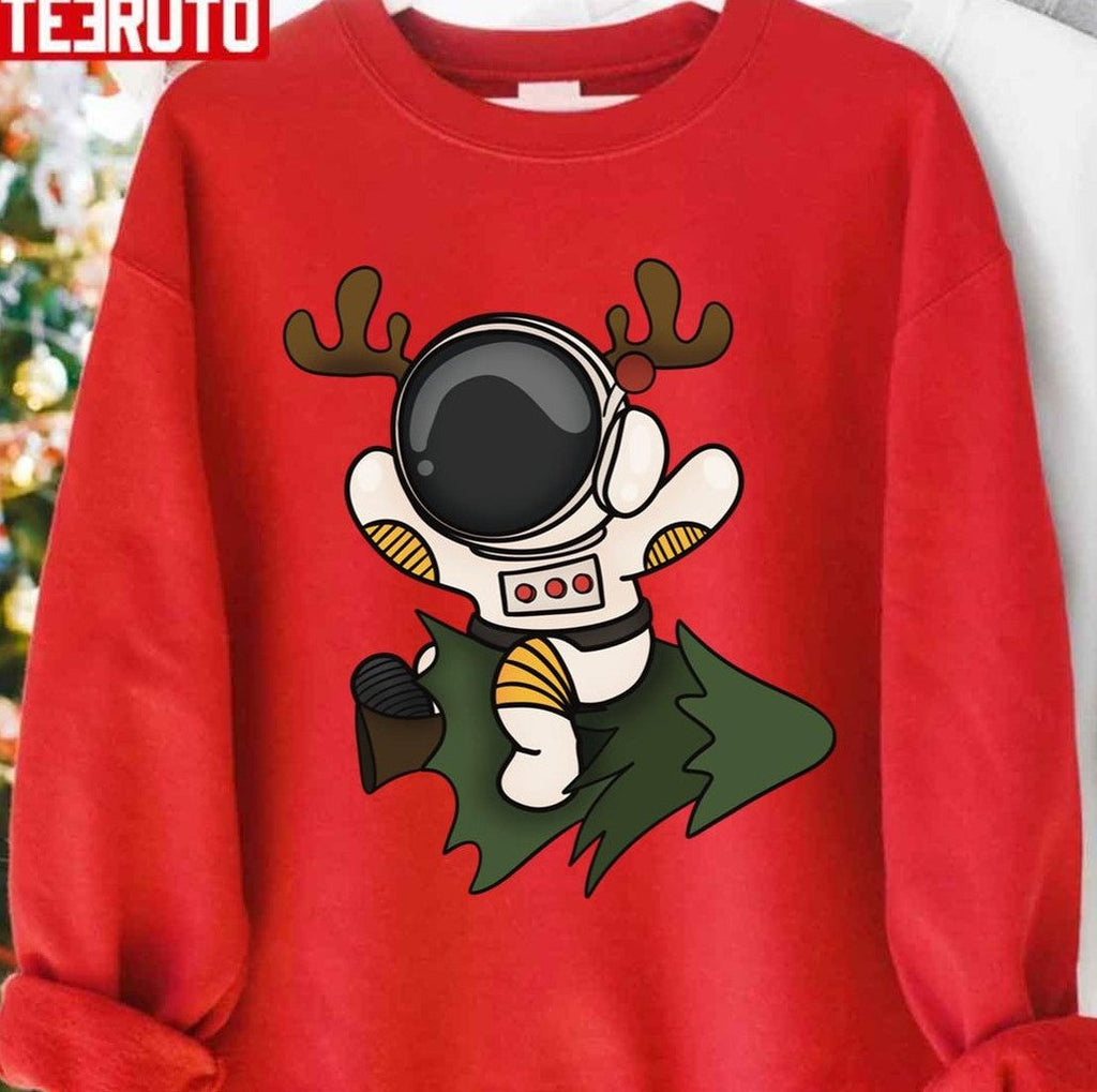 The Deer Astronaut Christmas On Tree Rocket Unisex Sweatshirt