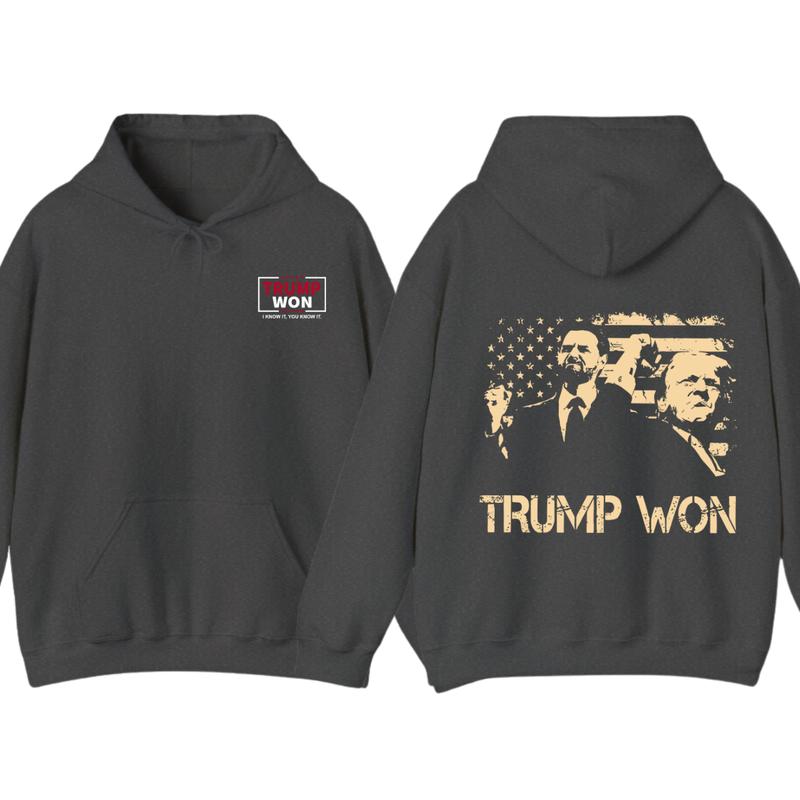 Trummp Won Hoodie - Trendy with Bold Distressed Graphic of Trummp and American Flag, Unisex Political Apparel for Supporters