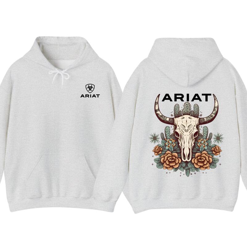 Ariat Hoodie - Tshirt, Featuring A Bull Skull Design With Unique Cactus Floral Patterns, Perfect For Outdoor Adventures, Casual, Classic Fashion Cotto