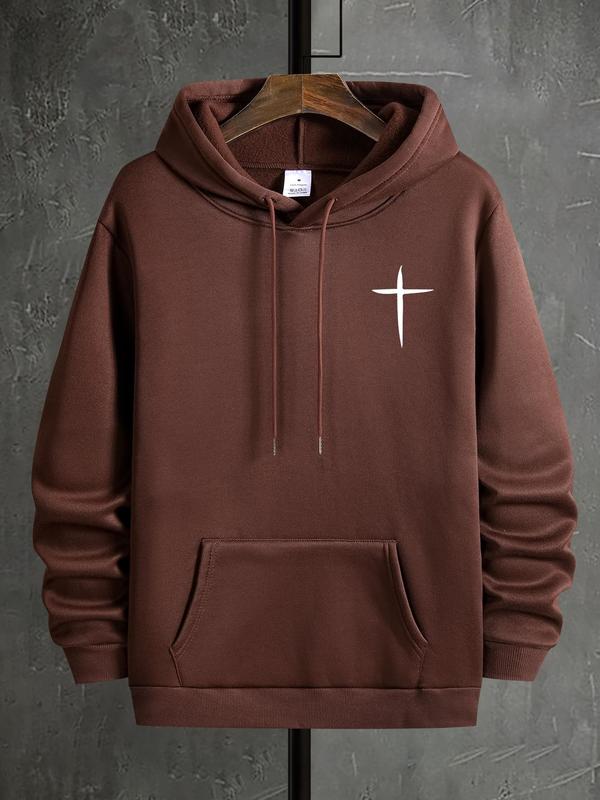 Men's Cross Print Hoodie, Casual Regular Fit Kangaroo Pocket Sweatshirt for Fall & Winter, Men's Daily Wear ClothingÂ 