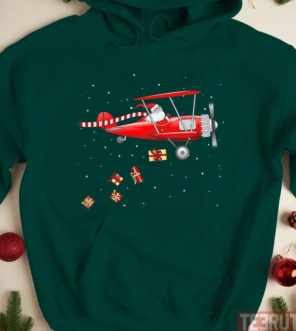 Santa Claus Pilot Flying Airplane Tee Christmas Unisex Sweatshirt
