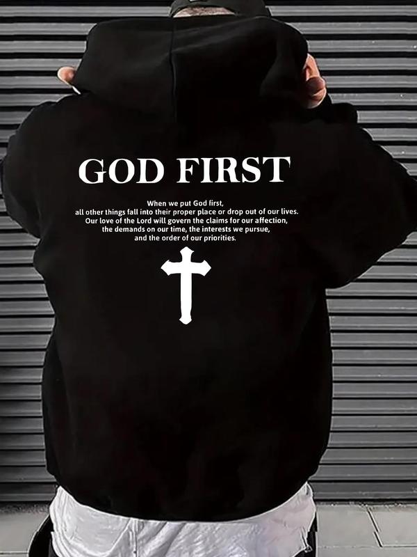 Men's Letter & Cross Print Drop Shoulder Hoodie, Casual Graphic Sweatshirt, Daily Holiday Wear for Men's Spring & Fall FashionÂ 
