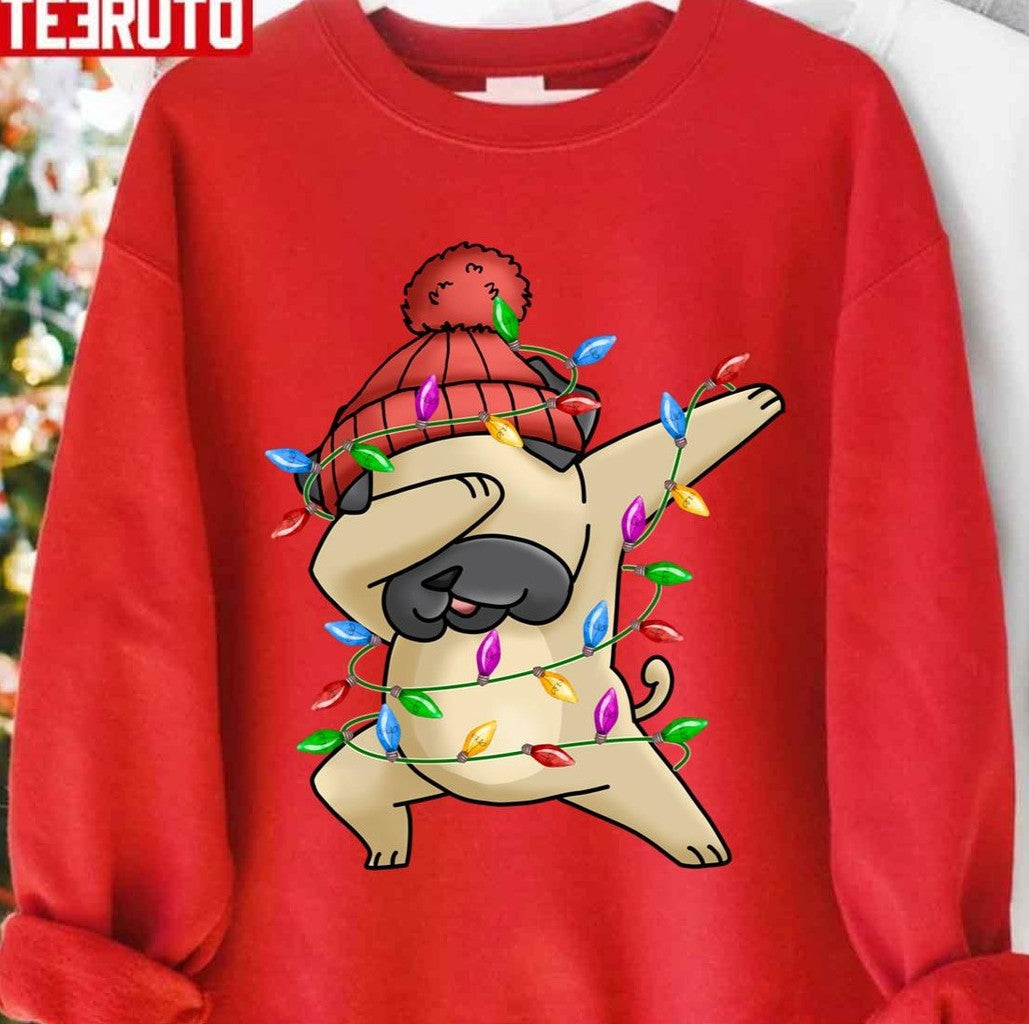 Pug Christmas Lights Santa Dabbing Through The Snow Unisex Sweatshirt