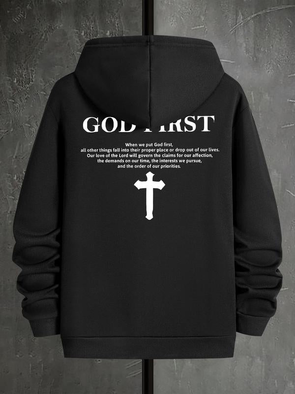 Men's Letter & Cross Print Drop Shoulder Hoodie, Casual Graphic Sweatshirt, Daily Holiday Wear for Men's Spring & Fall FashionÂ 