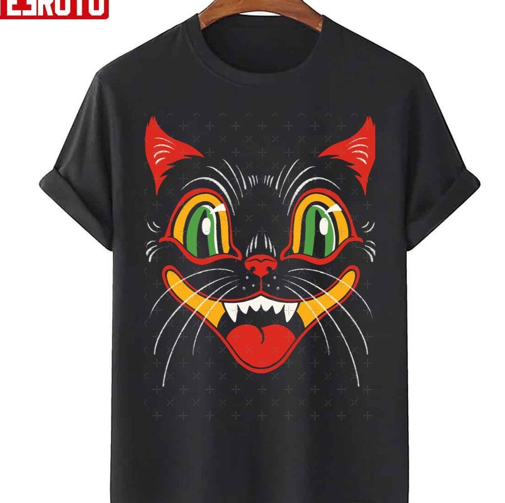Retro Vintage Halloween Decor Black Cat Face Unisex T-Shirt