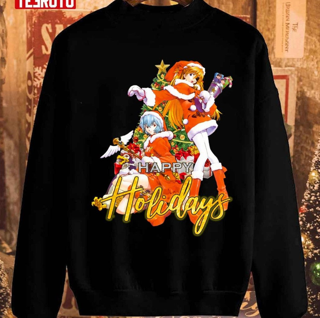 Neon Genesis Evangelion Asuka Langley Rei Happy Holidays Christmas Unisex Sweatshirt