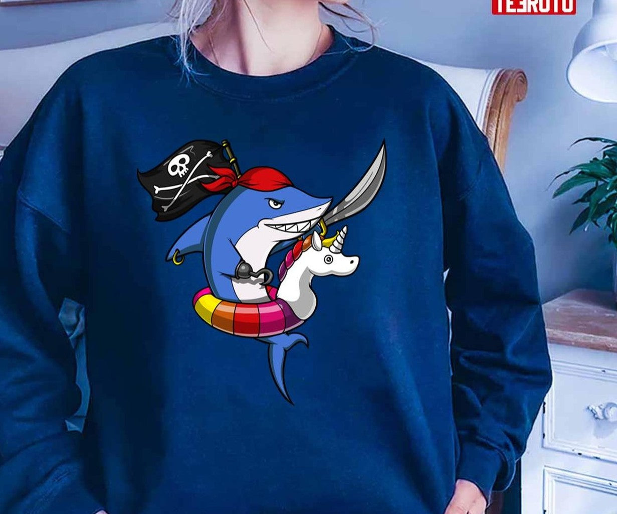 Shark Pirate Riding Unicorn Float Unisex T-Shirt