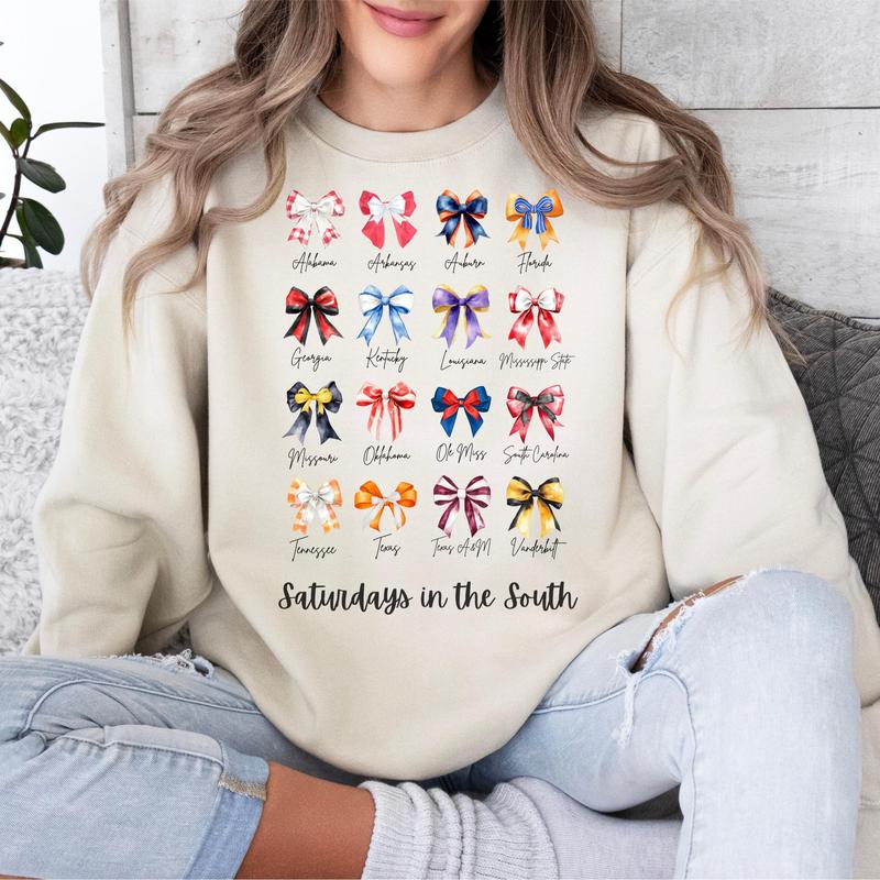 SEC Coquette football Sweatshirt, Football Saturdays in the south Sweater, SEC Bows College Football Shirt, Southern Football Game, Full Sizes, Full C