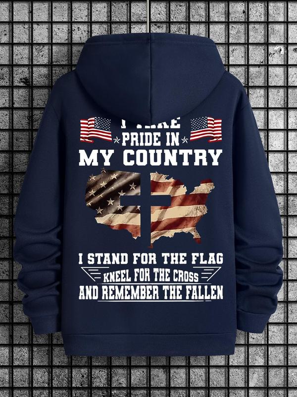 Men's American Flag Print Drawstring Hoodie, Casual Regular Fit Sweatshirt for Spring & Fall, Daily Wear Fashion for MenÂ 