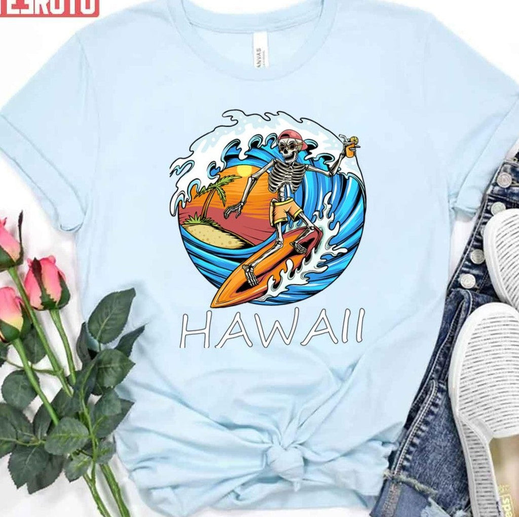 Skeleton Surfing Vintage Hawaii Surfing Label Unisex T-shirt