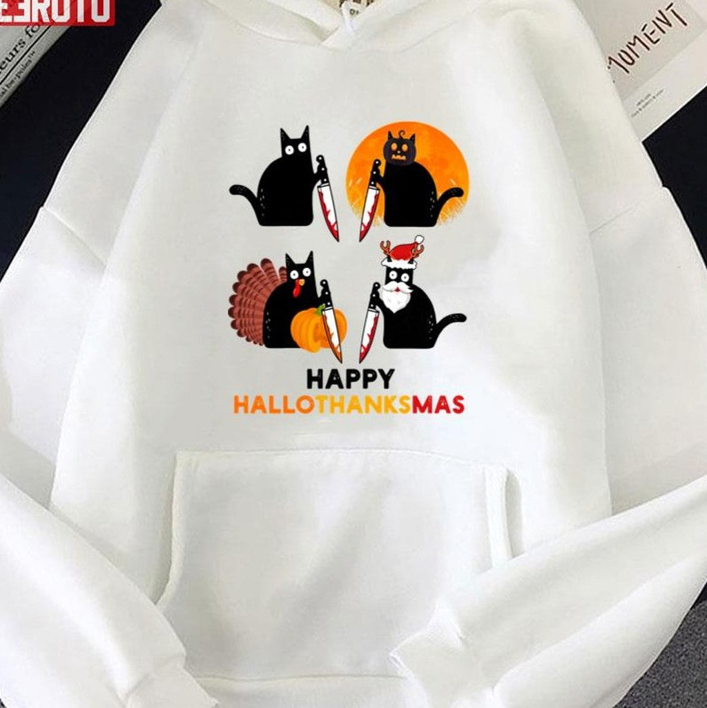 Black Cat Murder Halloween Thanksgiving Christmas Holidays Unisex Sweatshirt