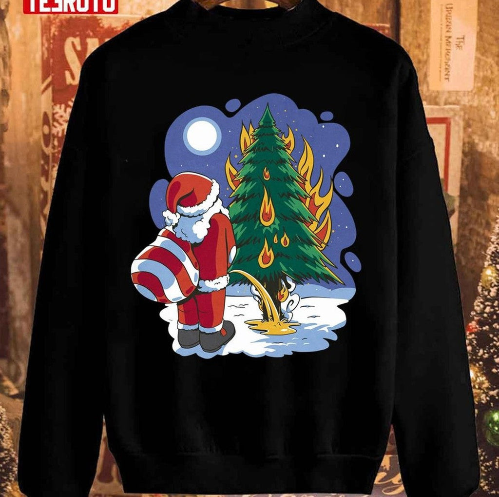 Santa Claus Peeing On A Burning Christmas Tree Unisex Sweatshirt
