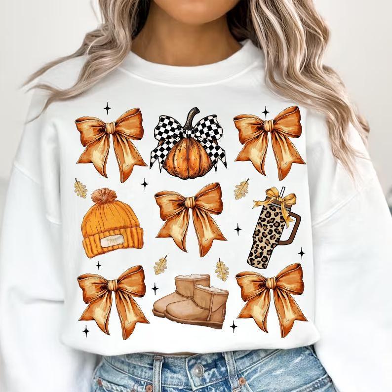 MS03 Retro Fall Basics Shirt, Retro Fall Pumpkin Bow, Coquette Bow, Autumn Girly Sweatshirt