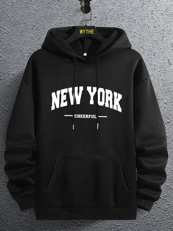 Men's Letter Print Pocket Drawstring Essentials Hoodie, Long Sleeve Sweatshirt, Regular Fit Men's Clothing for Spring & Fall WeekendÂ 
