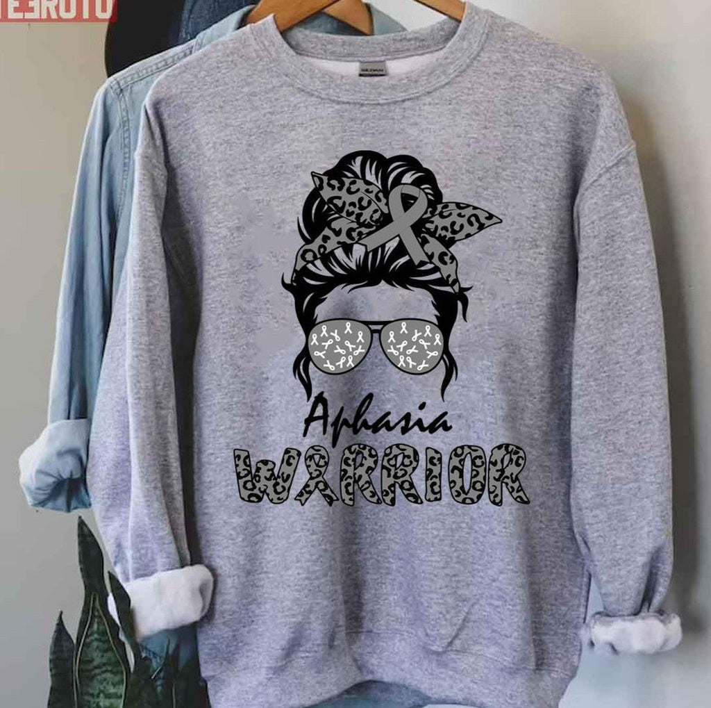Aphasia Awareness Grey Messy Bun Mom Warrior Unisex T-Shirt