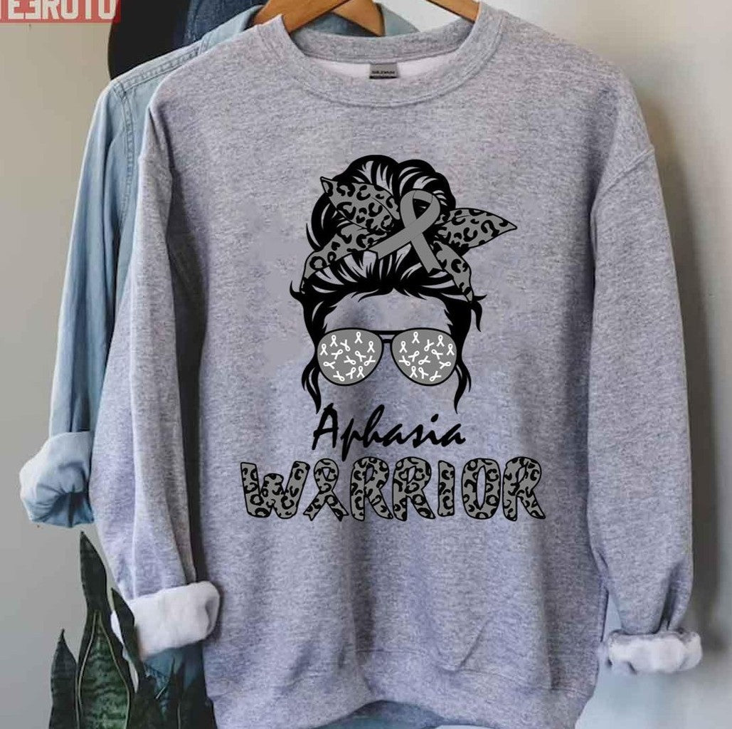 Aphasia Awareness Grey Messy Bun Mom Warrior Unisex T-Shirt