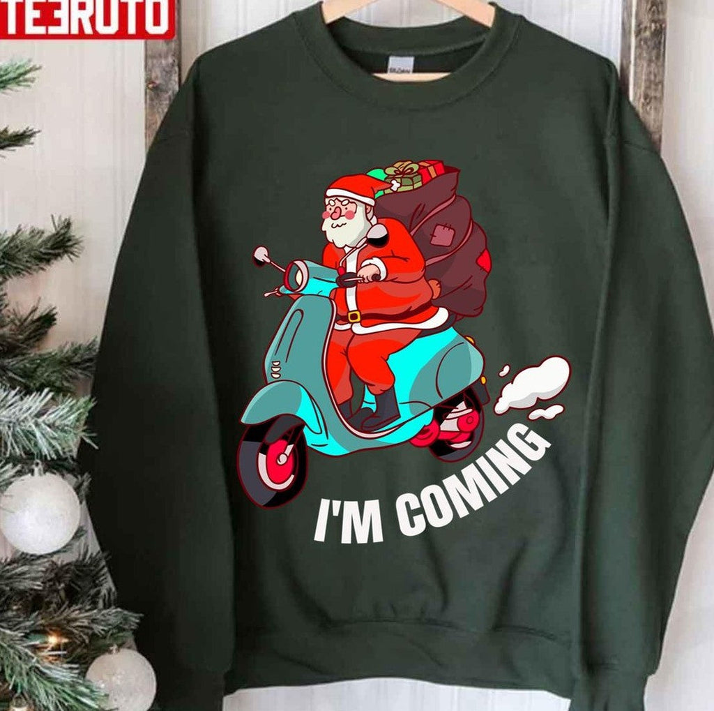 Santa Claus Arrives On A Scooter Christmas Party S Funny Unisex Sweatshirt