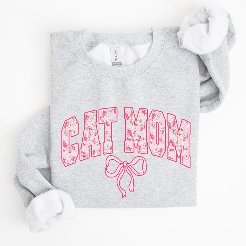 Cat Mom, Coquette, Pink Bows, Trend, Girly, Soft Girl Era Sweatshirt, Women's Crew Neck, Crewneck Casual Comfort Womenswear ComfortableÂ Graphic