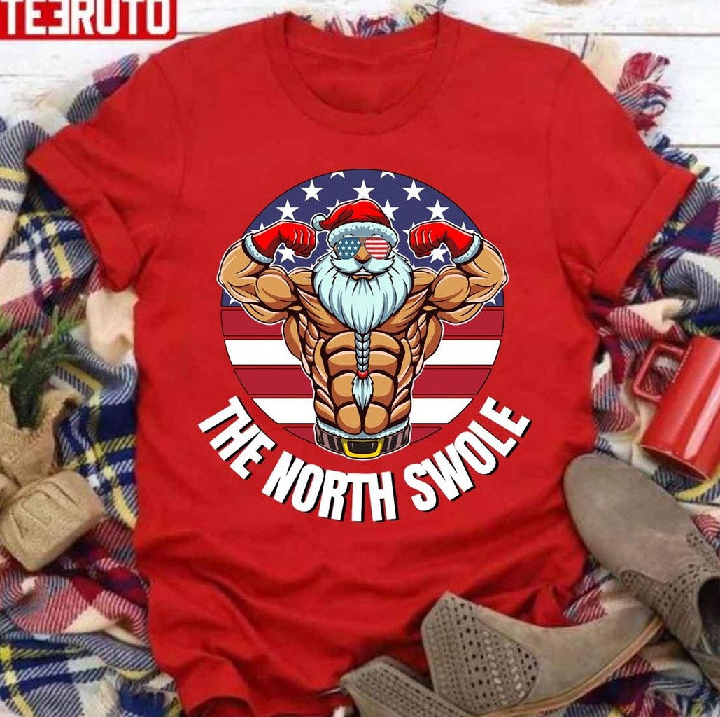 Santa Gym Lifting The North Swole Usa Flag Patriotic Workout North Pole Unisex T-Shirt