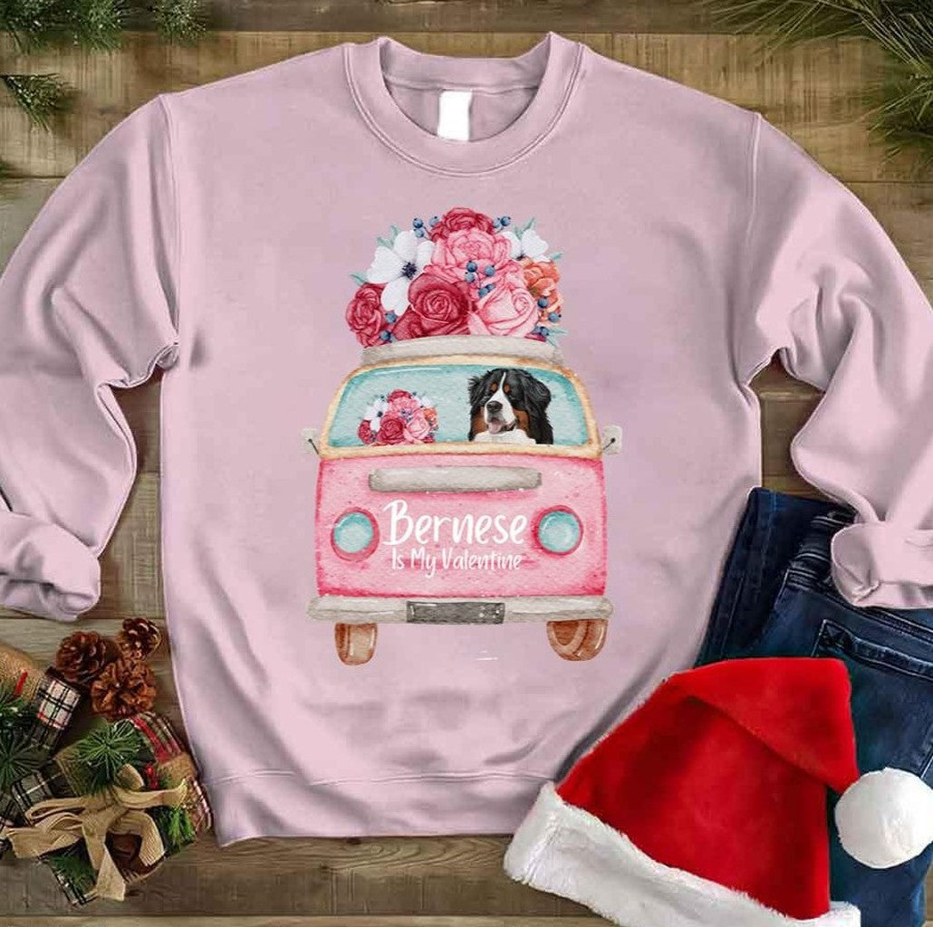 Bernese Mt. Dog Is My Valentine Pink Car Flowers Unisex Sweatshirt