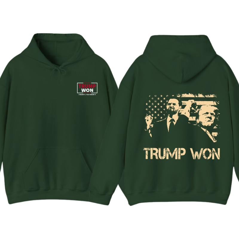 Trummp Won Hoodie - Trendy with Bold Distressed Graphic of Trummp and American Flag, Unisex Political Apparel for Supporters