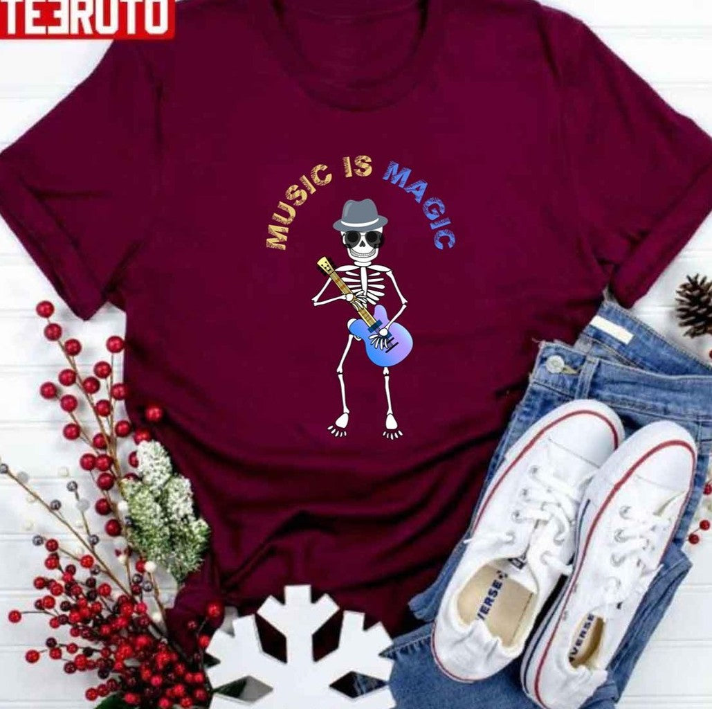 Music Is Magic Acoustic Guitar Lovers Funny Skeleton Version Unisex Sweatshirt