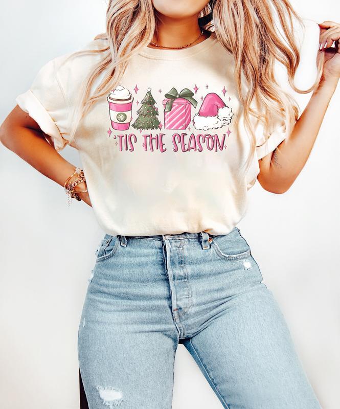 Cute Pink Christmas Sweatshirt, Tis the Season Pink Christmas Sweatshirt, Thanksgiving 2024, Shirt Christmas Coffee, Women's Pink Christmas Crewneck S