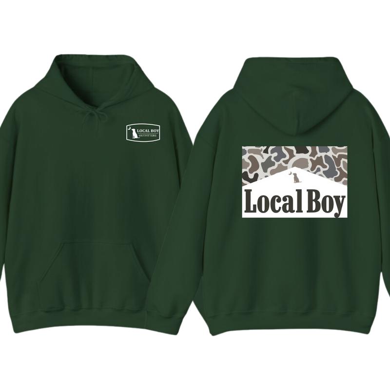 Local Boy Outfitters Hoodie, Tshirt - Bold Logo with Camo Pattern Graphic , Perfect for Outdoor and Casual Wear, unisex