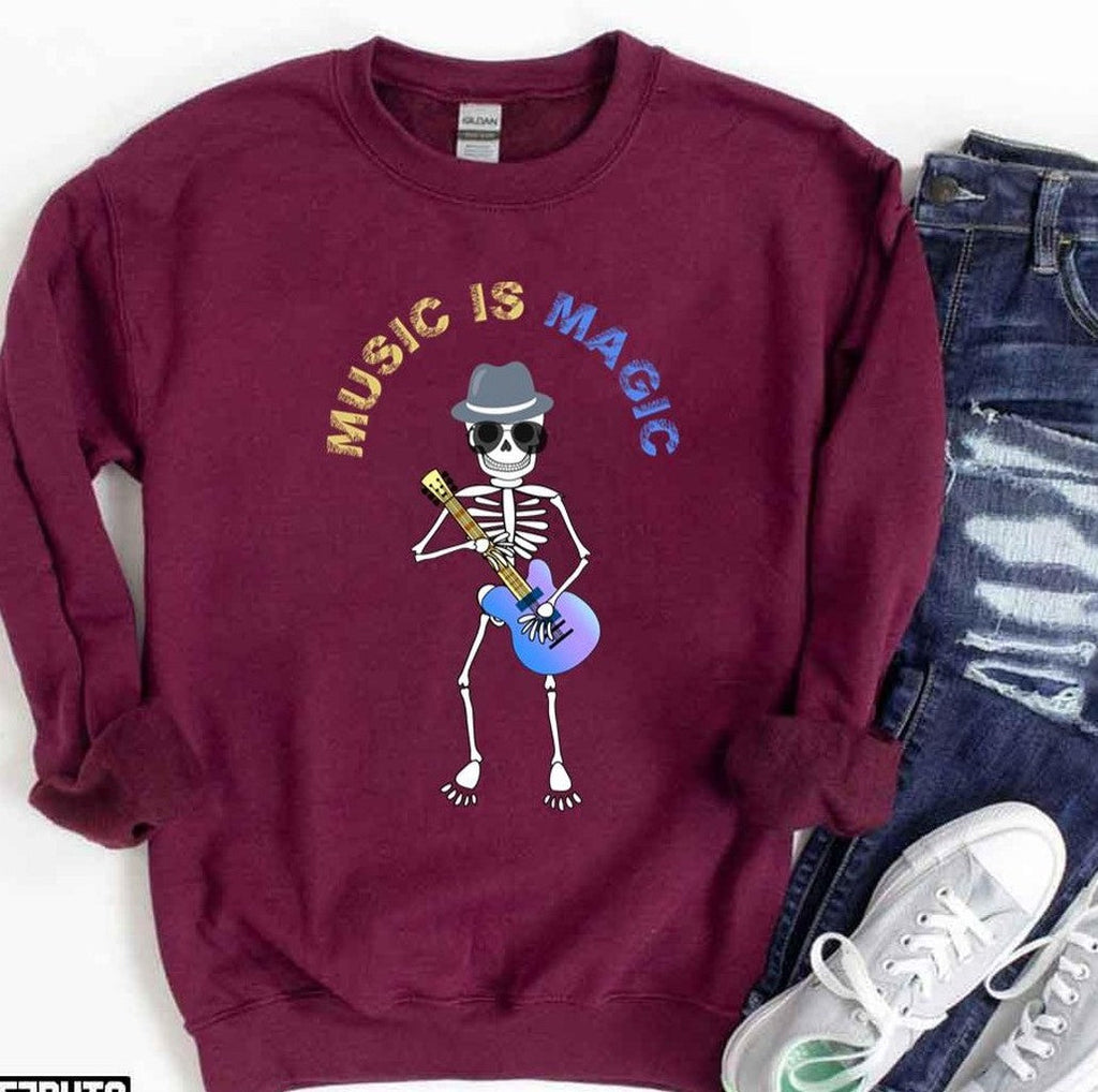 Music Is Magic Acoustic Guitar Lovers Funny Skeleton Version Unisex Sweatshirt