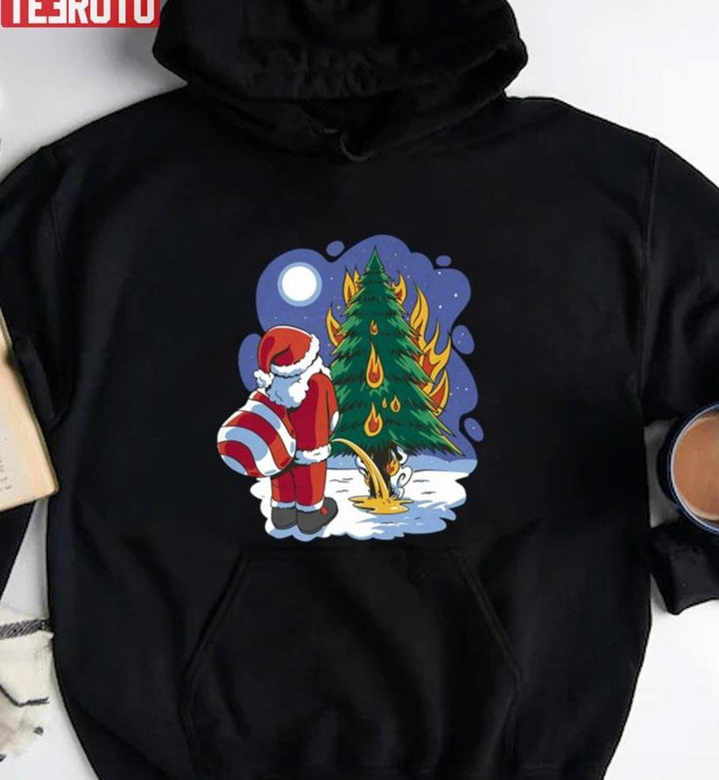 Santa Claus Peeing On A Burning Christmas Tree Unisex Sweatshirt