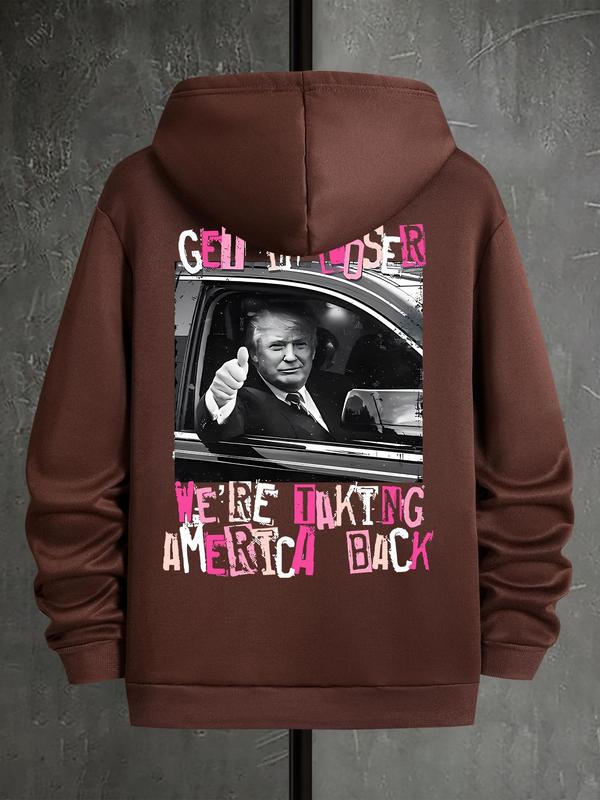 Men's Letter & Flag Print Drop Shoulder Graphic Hoodie, Casual Regular Fit Drawstring Sweatshirt for Holiday Wear, Spring & Fall FashionÂ 