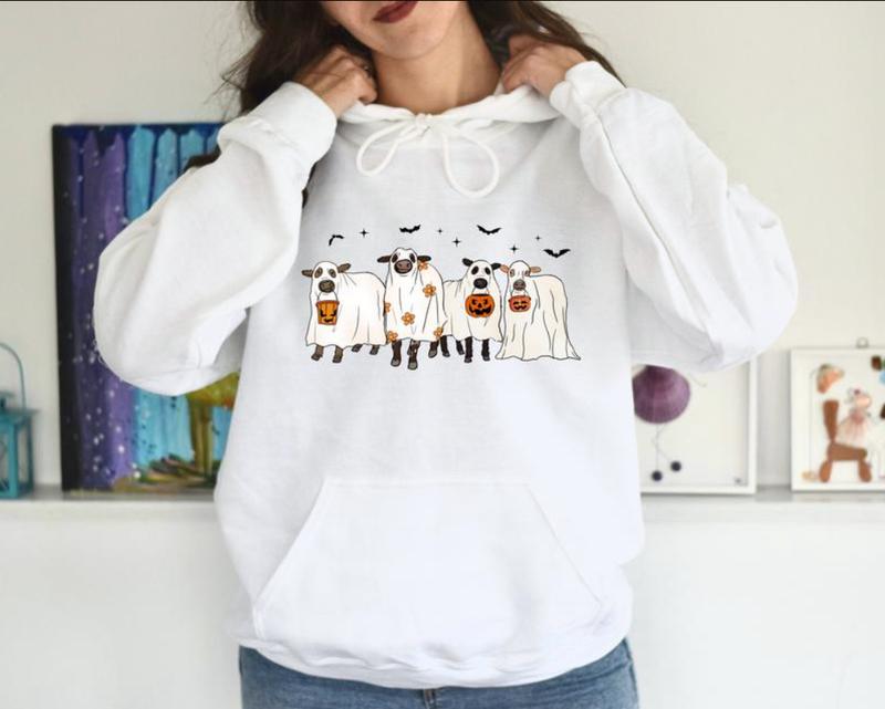 Ghost Cows Halloween Crewneck - Sweatshirt - Hoodie, Gildan Sweatshirt, Full Color, For Men, For Women, Casual, Classic Fashion, Full Sizes, Tee Print