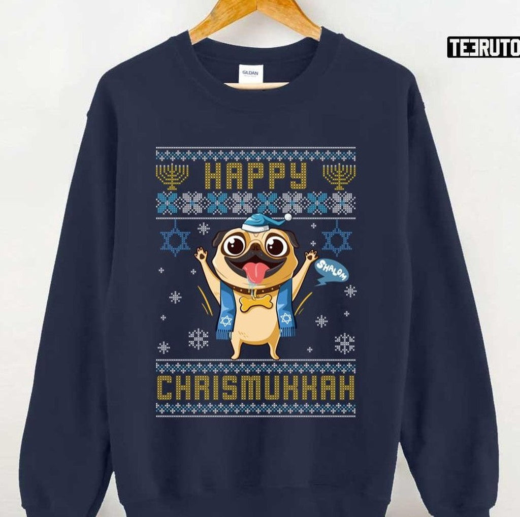 Pug Hanukkah Christmas Happy Chrismukkah Funny Unisex Sweatshirt
