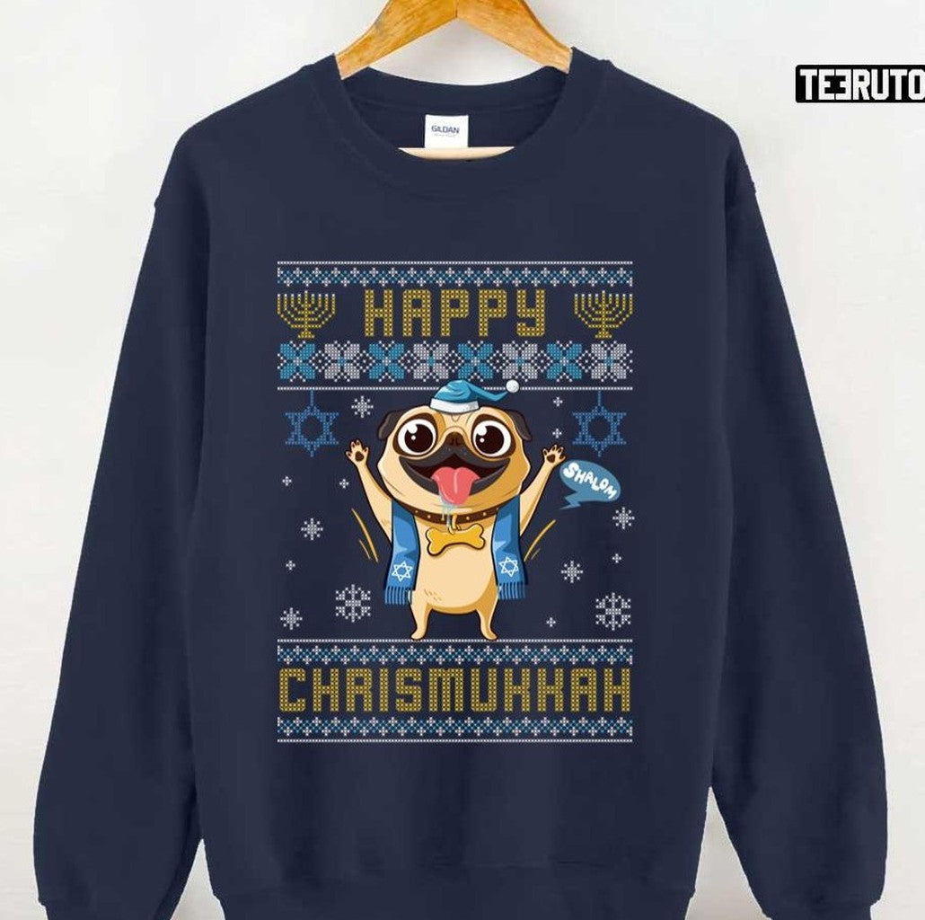 Pug Hanukkah Christmas Happy Chrismukkah Funny Unisex Sweatshirt