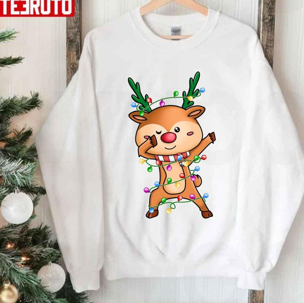 Reindeer Christmas Lights Santa Dabbing Through The Snow Unisex Sweatshirt