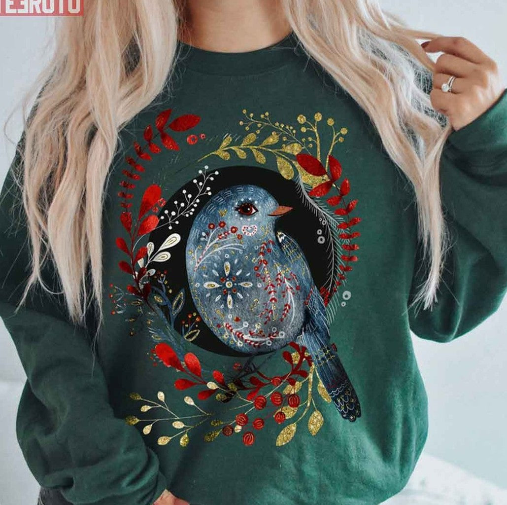 Bird Christmas Scandinavian Norwegian Folk Art Unisex Sweatshirt