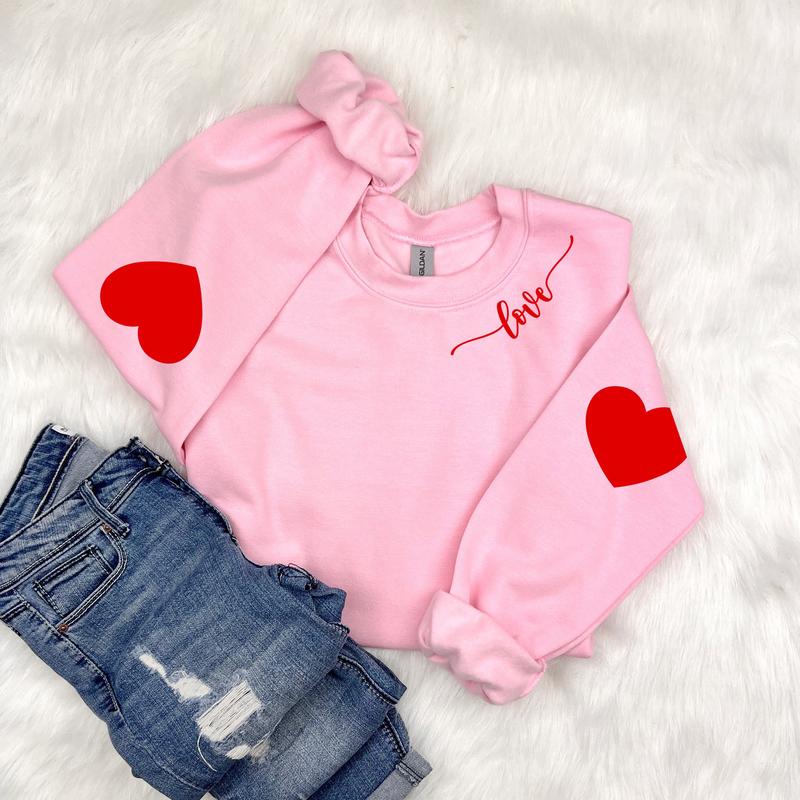 Valentine's Sweatshirt with Heart Elbow Patch, Cute Love Heart Sweater - Fabric, Cotton