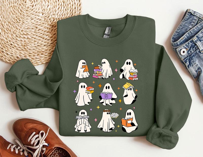 Ghost Reading Books Shirt, Bookish Halloween Shirt, Halloween Teacher Gift, Librarian Halloween Shirt, Ghost Shirt Menswear T-Shirt