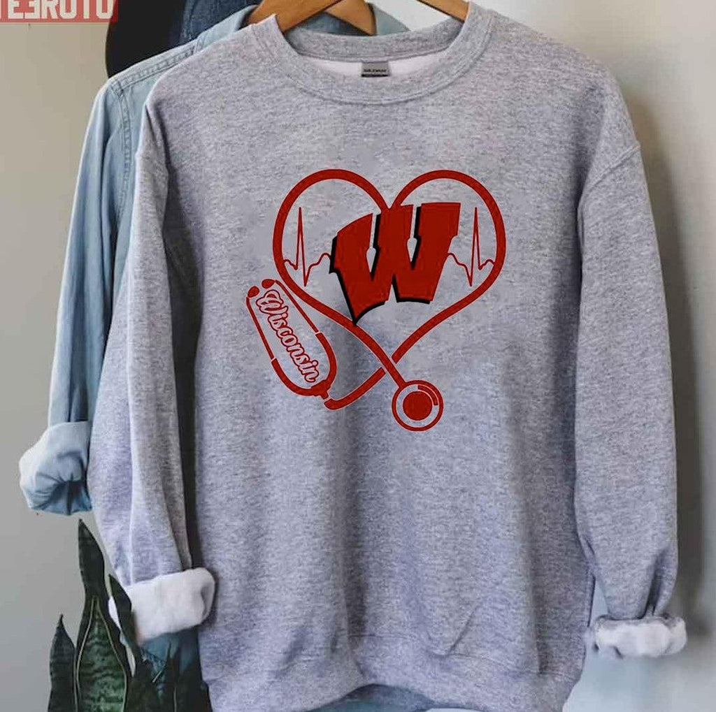 Nurse Love Wisconsin Badgers Heartbeat Unisex Hoodie