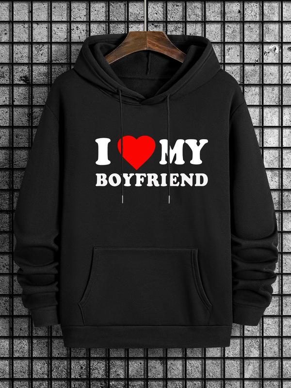 Men's Heart Print Drawstring Hoodie with Pocket, Casual Long Sleeve Sweatshirt for Men's Fall & Winter, Daily Valentine's Day WearÂ 