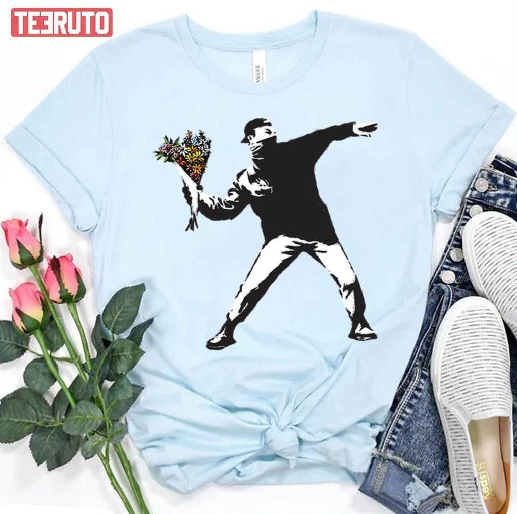 Banksy Graffiti Protest Anarchist Throwing Flowers Unisex T-Shirt